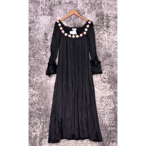 New Mi Golondrina Dress Medium Womens Eli Black Satin Floral Maxi